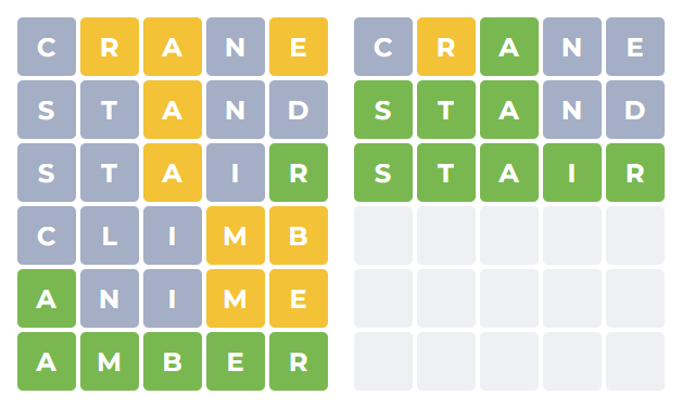 Player trying to solve both word puzzles in Dordle